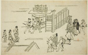 Ingang naar Ageyacho, uit de serie "Het uiterlijk van Yoshiwara" door Hishikawa Moronobu