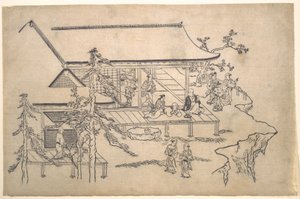 Scène met bloemenbezichtiging door Hishikawa Moronobu