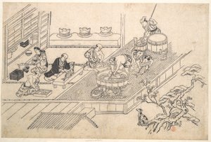 De keuken van een Joroya door Hishikawa Moronobu