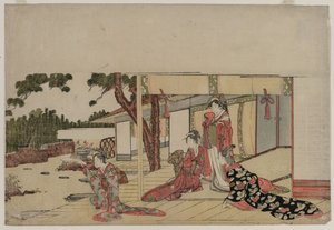 Vrouwen op een veranda door Hishikawa Sori III