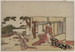 Vrouwen op een veranda door Hishikawa Sori III