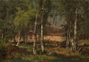 Landschap met berkenbosje en roggeveld door Hjalmar Munsterhjelm