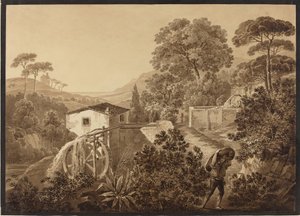 Italiaans landschap met een watermolen