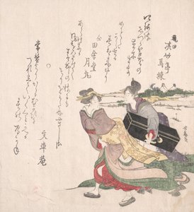 Geisha meisje haast zich met een dienstmeid die een shamisen doos draagt
