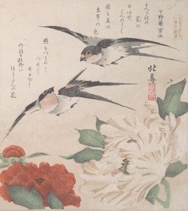 Voorjaarsregen Collectie Harusame shu, deel 3: Zwaluwen en pioenen, ca. 1820 door Hokuba