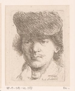 Portret van Rembrandt met hoge muts