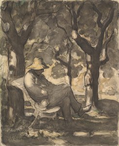 Een man die leest in een tuin, ca. 1865 door Honoré Daumier