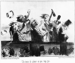 Een leuke trein een beetje te vrolijk: uit "Les trains de Plaisir", serie cartoons over de spoorwegen door Honore Daumier. "Charivari" door Honoré Daumier