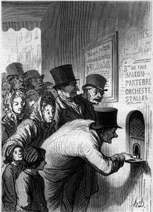Een theaterraam. Cartoon door Honore Daumier (1808-1879). Gravure in 