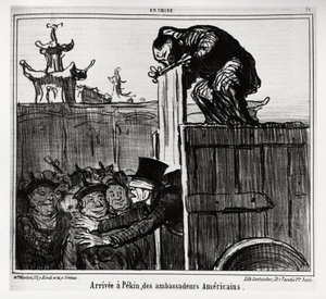 Aankomst in Peking van Amerikaanse ambassadeurs. In serie En Chine, illustratie door Honore Daumier (1808-1879), gepubliceerd in "Charivari", gedateerd 13 oktober 1859. door Honoré Daumier