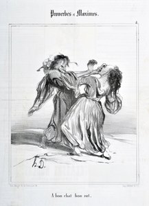 Kunstwerk door Honore Daumier (1808-1879). Charivari dateert uit 1840: Serie PROVERBES ET MAXIMES A bon chat bon rat MUSEE DES BEAUX ARTS - PALAIS LONGCHAMP, MARSEILLE