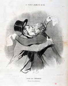 Kunstwerk door Honore Daumier (1808-1879). Charivari uit 1845: Serie LES BEAUX DAYS DE LA VIE. Fusie van bedrijven - Uitval van aandeelhouders. MUSEUM OF FINE ARTS - PALACE LONGCHAMP, MARSEILLE door Honoré Daumier