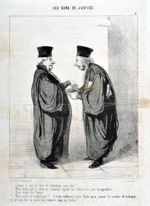 Kunstwerk door Honore Daumier (1808-1879). Charivari dateert uit 1845: Serie LES PEOPLES DE JUSTICE -Zoals ik je echt je feit vertelde! We waren mooi. We waren mooi!... het is echt alleen in het Paleis dat we de manier van argumenteren en praten erover ken door Honoré Daumier