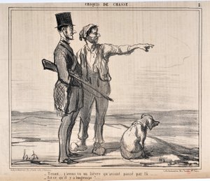 Kunstwerk door Honore Daumier (1808-1879) Charivari dateert uit 1857: Serie jachtschetsen Hou... ik zag een havik die daar vloog... - Is dat lang geleden?... MUSEUM VAN SCHONE KUNSTEN - PALEIS LONGCHAMP, MARSEILLE