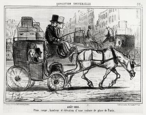 Augustus 1855, universele tentoonstelling: plan, doorsnede, hoogte en elevatie van een Parijse wagen (illustratie door Honore Daumier, gepubliceerd in Charivari, gedateerd 4 september)