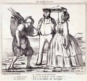 Cartoon over Parijse toeristen op vakantie. Serie "Ax Bains de Mer": "De garnalenvisserij..." Gravure door Honore DAUMIER (1808-1879). Uittreksel uit de krant "Le Charivari" op 5 september