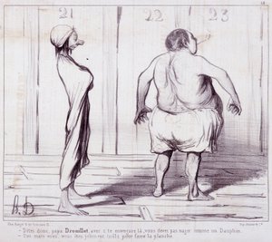 Spotprent over uiterlijkheden. Serie The Bathers: Vertel papa Drouillet... Gravure door Honore Daumier. Uit de krant Le Charivari. Dim 25x36cm. box 12 Marseille, Musee des Beaux-Arts, Palais Longchamps, Collectie Arts Graphi