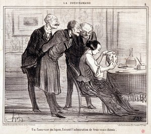 Spotprent over kunstverzamelaars. Serie Potichomania: Een nepvaas uit Japan bewondert drie Chinezen. Gravure door Honore Daumier. Uit de krant Le Charivari
