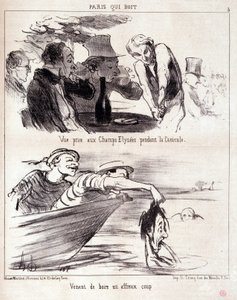 Cartoon over gastronomisch misbruik. Serie "Paris qui boire": "zicht genomen op de Champs Elysees tijdens de hittegolf. Net een verschrikkelijke klap gedronken." Gravure door Honore DAUMIER (1808-1879). Uittreksel uit de krant "Le Charivari" op 5 juni