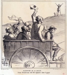 Cartoon over jagers. Serie "Herfstschets: Opening van de jacht, twee patrijzen werden gesignaleerd op het platteland", uit de krant "Le Charivari"