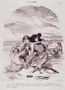 Cartoon over jagers. Serie "The Beautiful Days of Life - The Hunting": "Ik zeg je dat ik hem heb laten vertrekken..." Gravure door Honore DAUMIER (1808-1879). Uittreksel uit de krant "Le Charivari" op 10 januari door Honoré Daumier