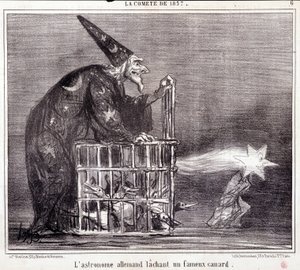 Cartoon over wetenschap. Serie Sur "de Komeet van 1857": "De Duitse Astronoom Verlaat een Beroemde Eend". Gravure door Honore Daumier. Uit de krant "Le Charivari" 2 maart