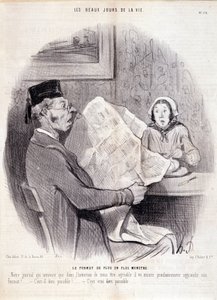 Cartoon over de pers. Serie "The Beautiful Days of Life": "Het steeds monsterlijker formaat..." Gravure door Honore DAUMIER (1808-1879). Uittreksel uit de krant "Le Charivari" op 18 oktober door Honoré Daumier