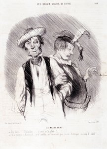 Cartoon over twee alcoholisten: Serie "Les Beaux Days de la Vie": "Le Mardi Gras..." Gravure door Honore DAUMIER (1808-1879). Uittreksel uit de krant "Le Charivari" op 9 augustus