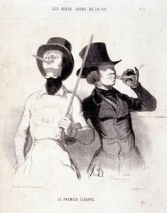 Spotprent over jonge Dandys. Serie The Beautiful Days of Life: De eerste sigaar. Gravure door Honore Daumier. Uit de krant Le Charivari op 31 december 1843 Dim 37x25cm Inv 1089 - box 8 N°12. Marseille, Musee des Beaux