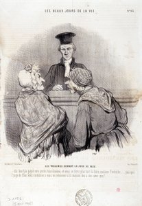 Spotprent over buurtverhoudingen: Serie The Beautiful Days of Life: Buren voor de Vrederechter... Gravure door Honore Daumier. Uit de krant Le Charivari op 15 mei
