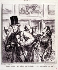 Spotprent over kunstliefhebbers: Serie Au salon: Laten we vertrekken mevrouw... deze naakten zijn schandalig... ik kom alleen terug. Gravure door Honore Daumier. Uit de krant Le Charivari op 5 mei door Honoré Daumier