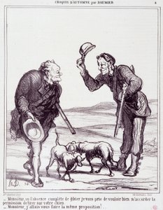 Spotprent over jagers: Serie Autumn Sketch: Meneer, gezien de volledige afwezigheid van wild, geef me alstublieft toestemming om uw hond neer te schieten... Gravure door Honore Daumier. Uit de krant Le Charivari op 28 september door Honoré Daumier