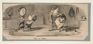 Bij de kleermaker, bij de kapper, in Charivari, 3, 16 en 19 februari, 1853 door Honoré Daumier