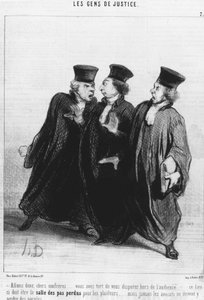 Kom op, beste confrères... je hebt ongelijk om buiten de rechtbank te ruziën... deze plaats moet de rechtszaal zijn voor procespartijen... maar advocaten mogen nooit woorden verliezen... uit de "Gens de Justice", serie cartoons over Justitie door Honore Da door Honoré Daumier