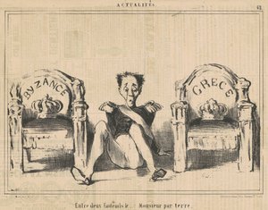 Tussen twee fauteuils de... meneer op de grond door Honoré Daumier