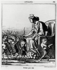 Europa: buitenland voor 1868. Europa verdeelt geweren en kanonnen aan elke vertegenwoordiger van de landen, herkenbaar aan hun hoed. Illustratie door Honore Daumier, gepubliceerd in het nieuws, 