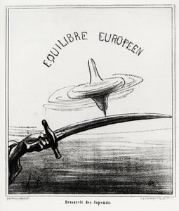 Europese balans: Japanse heropleving. Net na het herstel van het keizerlijke regime in Japan, na het aftreden van de Tokugawa-shoguna in november 1867. Illustratie van Honore Daumier, gepubliceerd in het nieuws, 