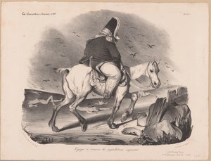 Karikatuur van Lodewijk Filips I, koning van Frankrijk te paard tussen de lijken