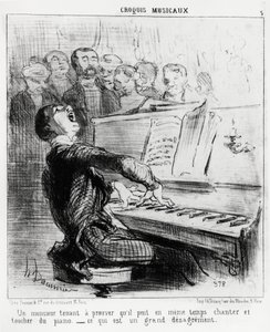 Muzikale schetsen: een heer die graag wil bewijzen dat hij tegelijkertijd kan zingen en piano spelen, wat zeer schandelijk is. Illustratie door Honore Daumier (1808-1879), gepubliceerd in "Charivari", datum 17 februari 1852.