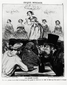 Muzikale schetsen: bij Champs Elysees, we wisten nooit of het de muziek is die het bier laat passeren of het bier dat de muziek laat slikken. Illustratie door Honore Daumier (1808-1879), gepubliceerd in "Charivari", datum 12 februari 1852. door Honoré Daumier