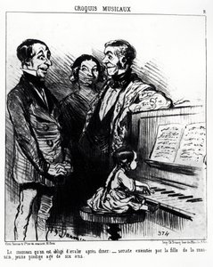 Muzikale schetsen: het lied dat je na het diner moet doorslikken: sonate uitgevoerd door de dochter des huizes, een jong wonderkind van zes jaar. Illustratie van Honore Daumier, gepubliceerd in 