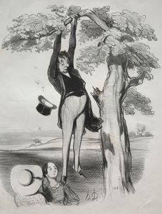 Pastorales, plaat 2: De gevaren van het te krachtig schudden van een pruimenboom..., 1845 door Honoré Daumier