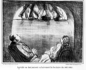 Aangenaam uitzicht exclusief genoten door de huurders van de kelders, uit "Huurders en Eigenaren", cartoonserie door Honore Daumier (1808-1879). "Charivari" door Honoré Daumier