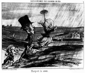 Spoorwegfysiognomieën. De trein missen: serie cartoons over de spoorwegen door Honore Daumier. "Charivari"