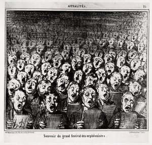 Herinnering aan het grote festival van orpheonisten. Illustratie door Honore Daumier (1808-1879), gepubliceerd in het nieuws, "Charivari", gedateerd 28 maart 1859. door Honoré Daumier
