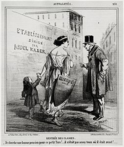 Huurklassen: ik zoek een goed pensioen voor deze kleine Turkse jongen!... Hij was niet fit genoeg of hij was het eerder. Enkele dagen nadat de Franse en Engelse troepen Turkije binnenkwamen (18 oktober 1860). Illustratie door Honore Daumier (1808-1879), ge door Honoré Daumier