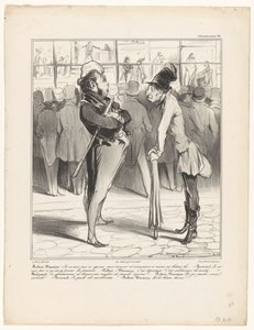 Robert-Macaire in gesprek met Bertrand voor de etalage van een prenthandel (Caricaturana) door Honoré Daumier