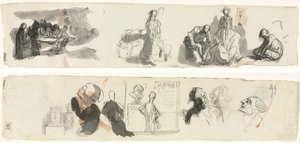 Blad met Studies van een Groep van Vier Figuren aan de Rechterkant (recto) Schetsen van Verschillende Figuren (verso) door Honoré Daumier