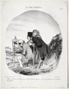 De Goede Burgers, plaat 23: "Maar ja, mijn beste, ik verzeker je dat deze heer een landschap tekent...is het niet zo, meneer, dat u een landschap tekent?" door Honoré Daumier