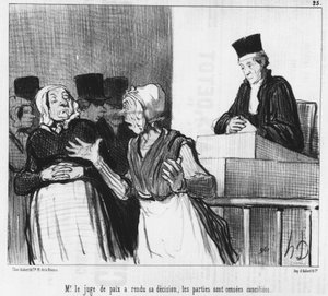 De vrederechter heeft zijn beslissing genomen, de partijen zouden verzoend moeten zijn..., cartoon door Honore Daumier. "Charivari"